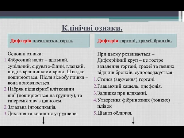 Клінічні ознаки. Дифтерія носоглотки, горла. Дифтерія гортані, трахеї, бронхів. Основні