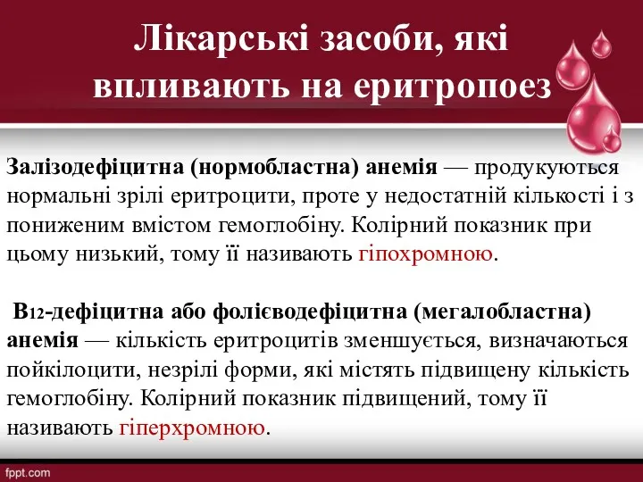 Лікарські засоби, які впливають на еритропоез Залізодефіцитна (нормобластна) анемія —