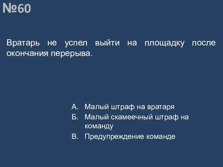 Вопрос №60 Вратарь не успел выйти на площадку после окончания