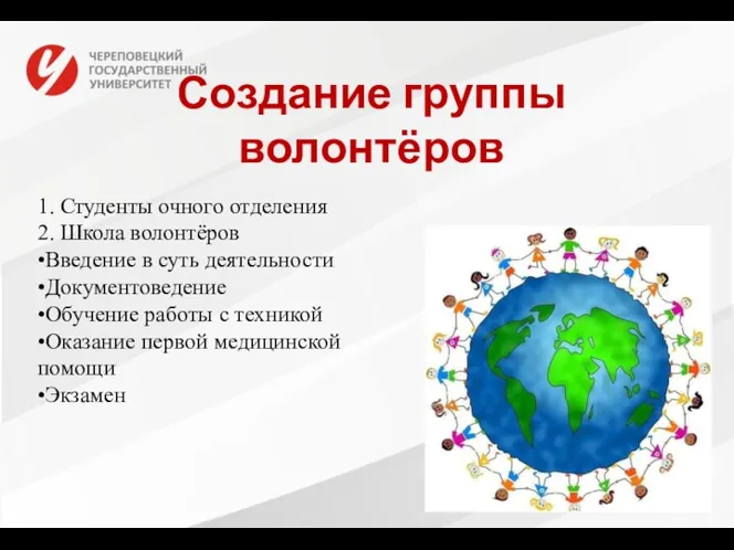 Создание группы волонтёров 1. Студенты очного отделения 2. Школа волонтёров