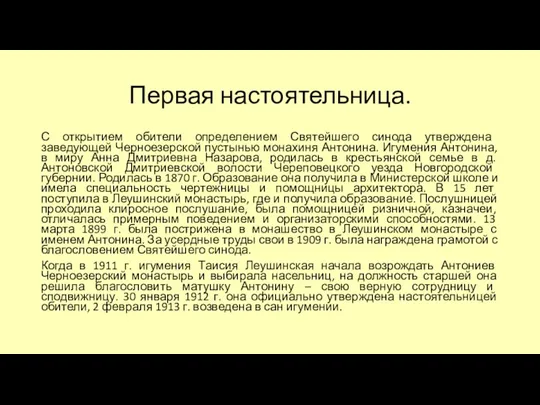 Первая настоятельница. С открытием обители определением Святейшего синода утверждена заведующей Черноезерской пустынью монахиня