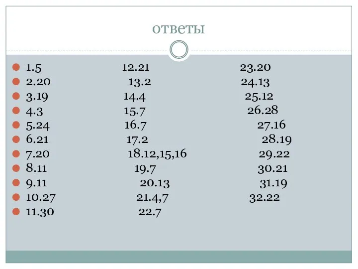 ответы 1.5 12.21 23.20 2.20 13.2 24.13 3.19 14.4 25.12