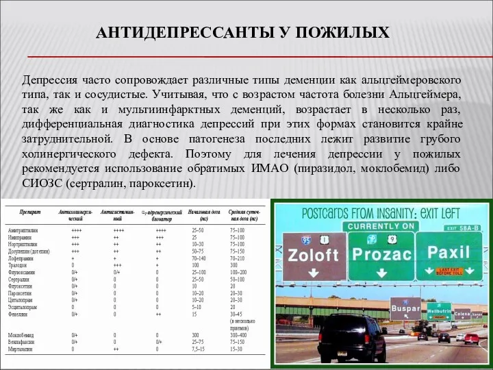 АНТИДЕПРЕССАНТЫ У ПОЖИЛЫХ Депрессия часто сопровождает различные типы деменции как