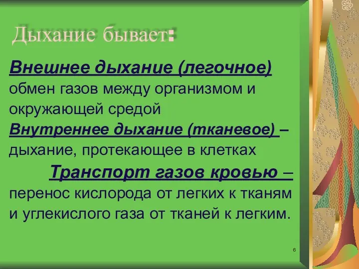 Дыхание бывает: Внешнее дыхание (легочное) обмен газов между организмом и