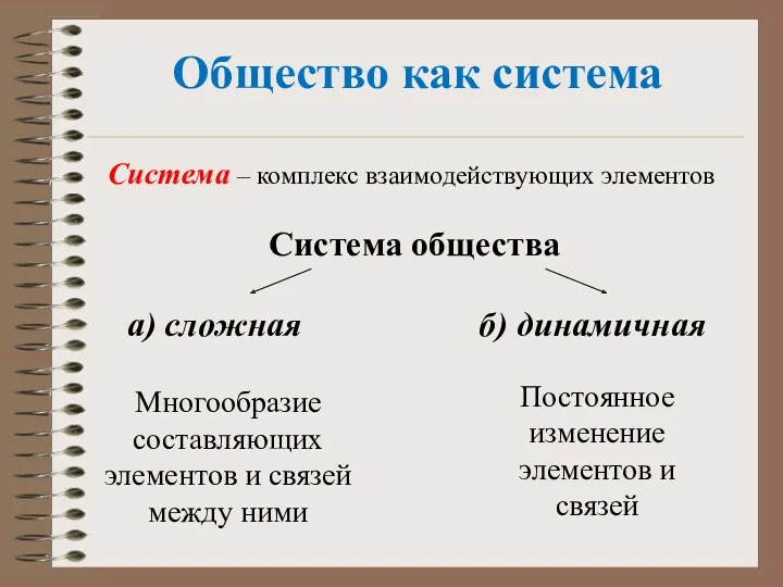 Общество как система Система – комплекс взаимодействующих элементов Система общества