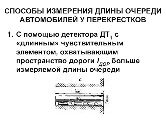 СПОСОБЫ ИЗМЕРЕНИЯ ДЛИНЫ ОЧЕРЕДИ АВТОМОБИЛЕЙ У ПЕРЕКРЕСТКОВ С помощью детектора ДТ1 с «длинным»