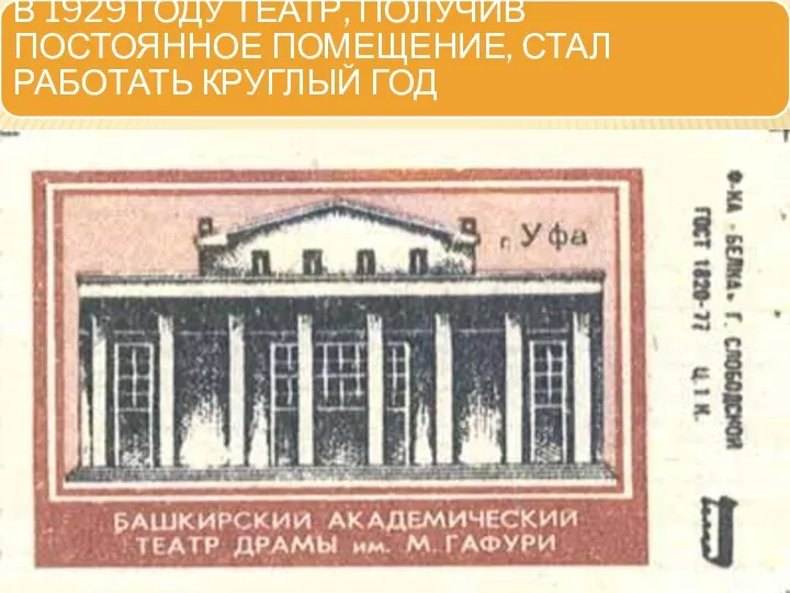 В 1929 ГОДУ ТЕАТР, ПОЛУЧИВ ПОСТОЯННОЕ ПОМЕЩЕНИЕ, СТАЛ РАБОТАТЬ КРУГЛЫЙ ГОД