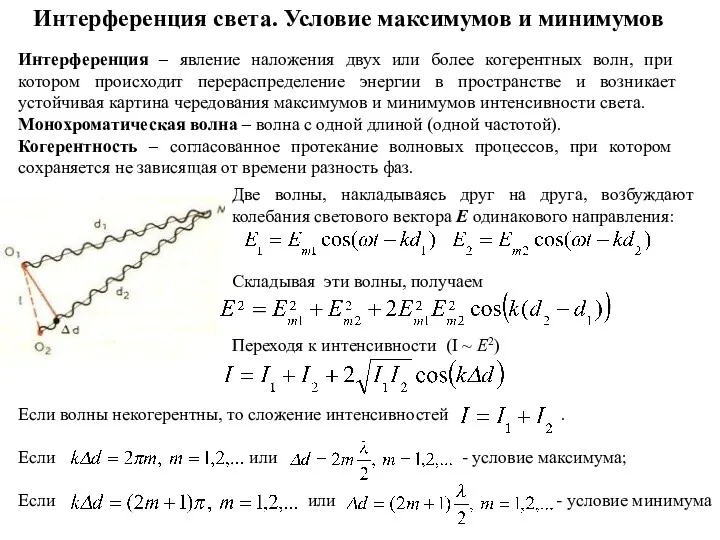 Интерференция – явление наложения двух или более когерентных волн, при