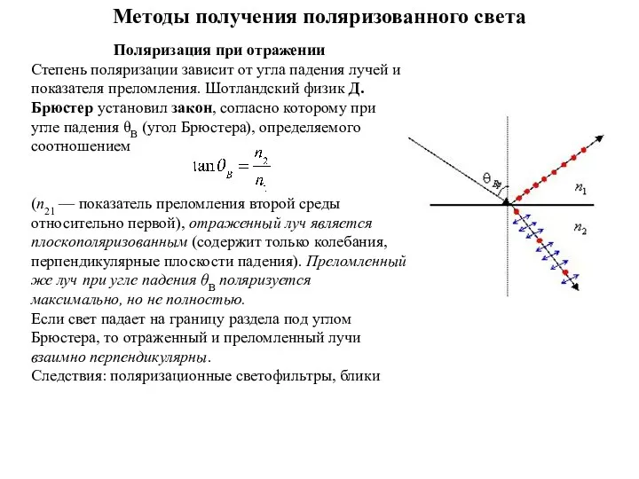 Методы получения поляризованного света Поляризация при отражении Степень поляризации зависит