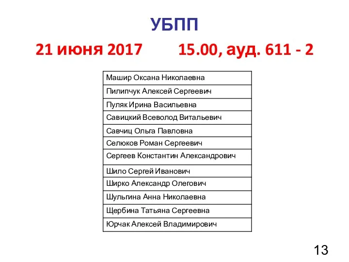 УБПП 21 июня 2017 15.00, ауд. 611 - 2