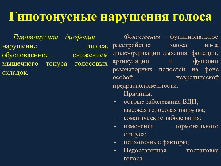 Гипотонусные нарушения голоса Гипотонусная дисфония – нарушение голоса, обусловленное снижением мышечного тонуса голосовых