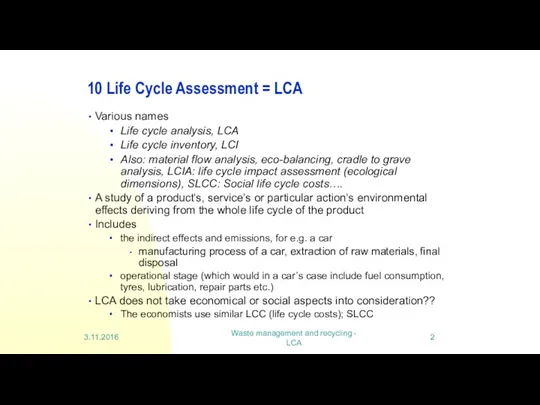 Waste management and recycling - LCA 10 Life Cycle Assessment