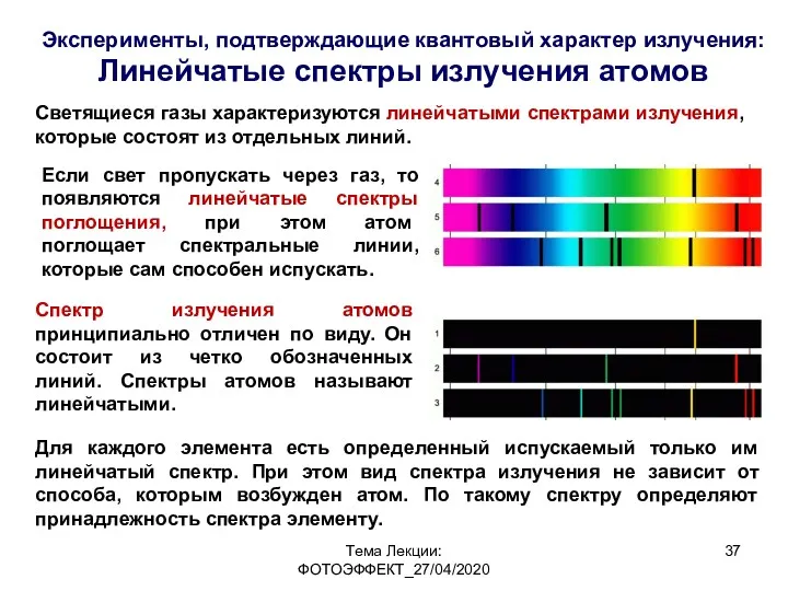 Тема Лекции: ФОТОЭФФЕКТ_27/04/2020 Эксперименты, подтверждающие квантовый характер излучения: Линейчатые спектры излучения атомов Светящиеся
