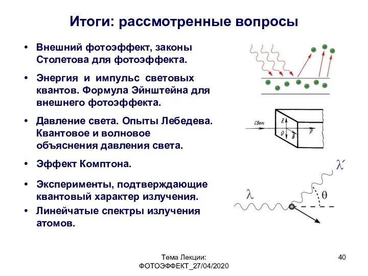 Итоги: рассмотренные вопросы Тема Лекции: ФОТОЭФФЕКТ_27/04/2020 Внешний фотоэффект, законы Столетова для фотоэффекта. Энергия