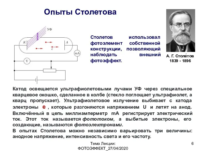 Тема Лекции: ФОТОЭФФЕКТ_27/04/2020 Столетов использовал фотоэлемент собственной конструкции, позволяющий наблюдать внешний фотоэффект. Опыты