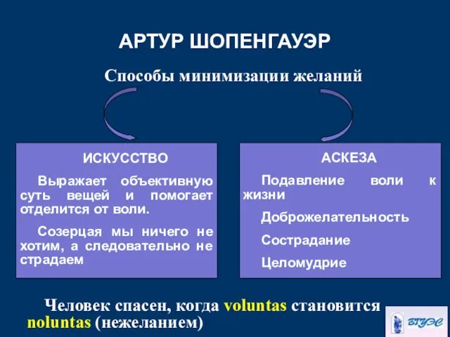 АРТУР ШОПЕНГАУЭР Способы минимизации желаний Человек спасен, когда voluntas становится