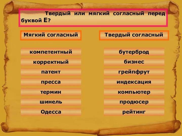 Твердый или мягкий согласный перед буквой Е? пресса Мягкий согласный