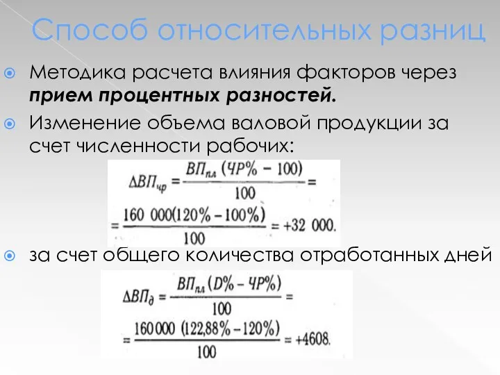 Методика расчета влияния факторов через прием процентных разностей. Изменение объема