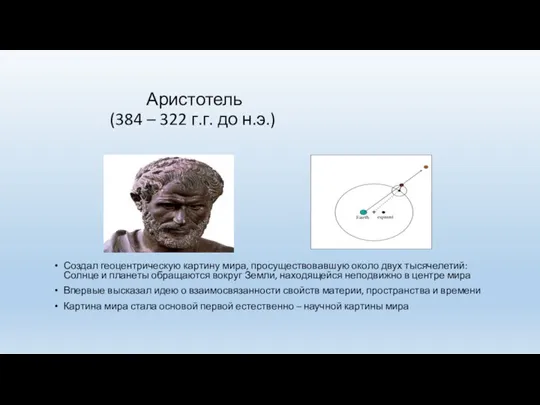 Аристотель (384 – 322 г.г. до н.э.) Создал геоцентрическую картину