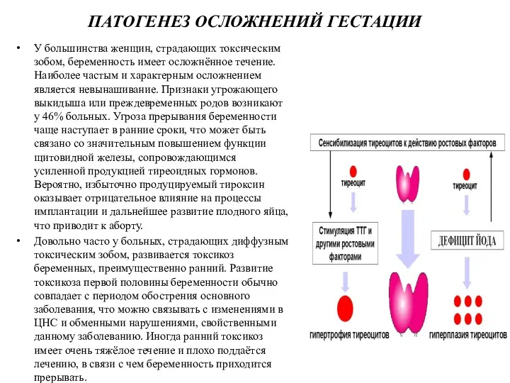 ПАТОГЕНЕЗ ОСЛОЖНЕНИЙ ГЕСТАЦИИ У большинства женщин, страдающих токсическим зобом, беременность