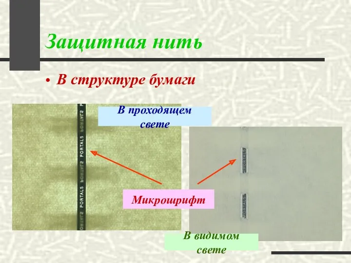 Защитная нить В структуре бумаги В видимом свете В проходящем свете Микрошрифт