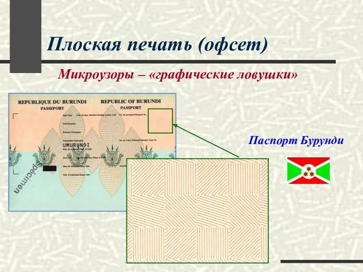 Плоская печать (офсет) Микроузоры – «графические ловушки» Паспорт Бурунди