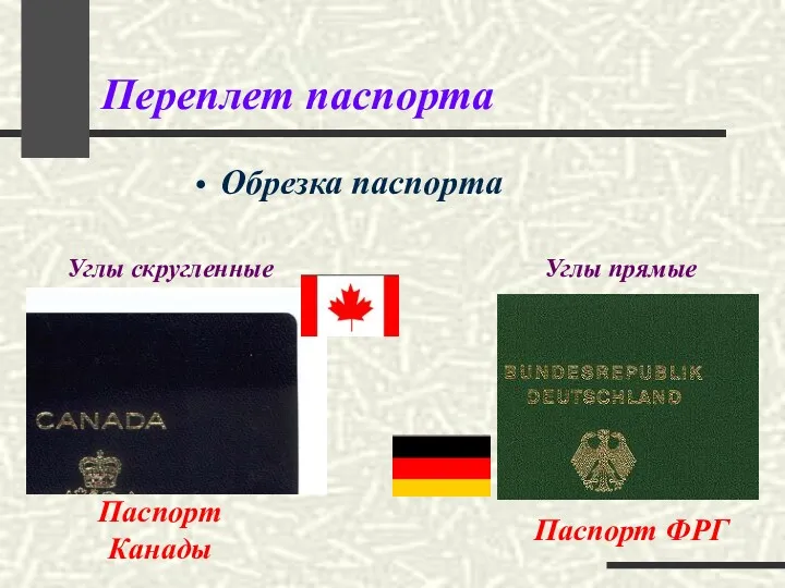 Переплет паспорта Обрезка паспорта Углы скругленные Углы прямые Паспорт ФРГ Паспорт Канады