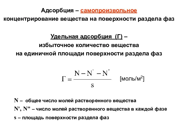 Удельная адсорбция (Г) – избыточное количество вещества на единичной площади