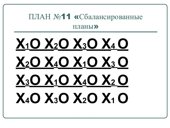 ПЛАН №11 «Сбалансированные планы» Х1О Х2О Х3О Х4 О Х2О Х4О Х1О Х3