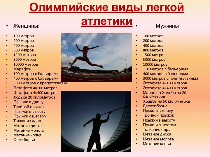Олимпийские виды легкой атлетики Женщины: 100 метров 200 метров 400 метров 800 метров