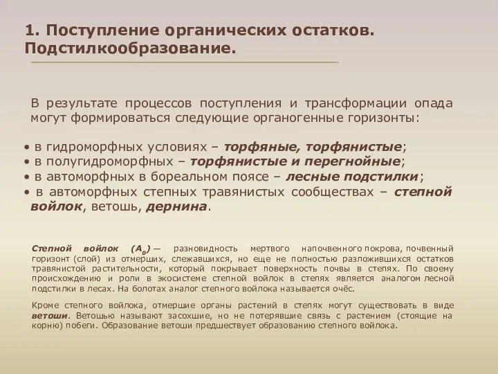 В результате процессов поступления и трансформации опада могут формироваться следующие