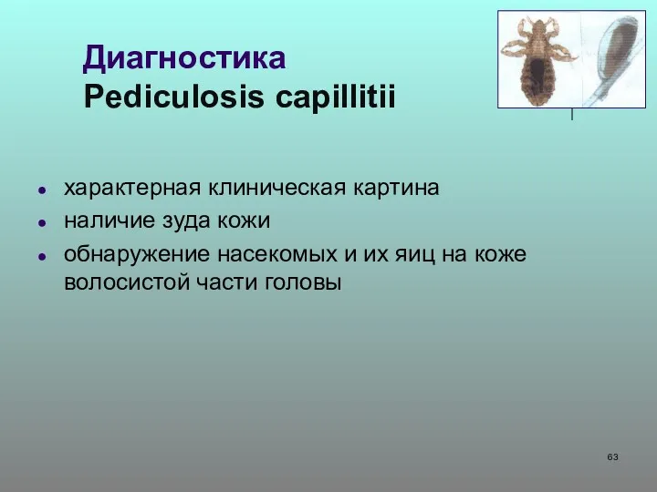 Диагностика Pediculosis capillitii характерная клиническая картина наличие зуда кожи обнаружение