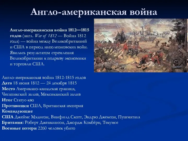 Англо-американская война Англо-американская война 1812—1815 годов (англ. War of 1812 — Война 1812