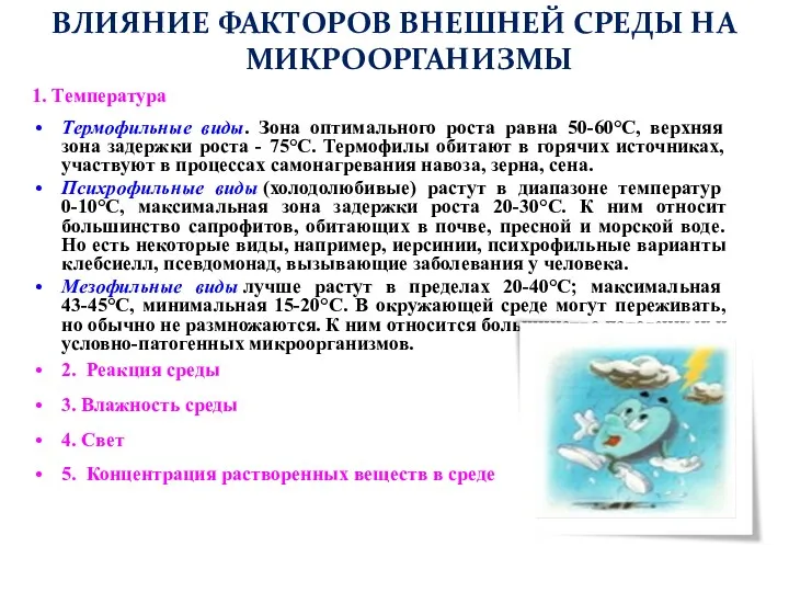 1. Температура Термофильные виды. Зона оптимального роста равна 50-60°С, верхняя