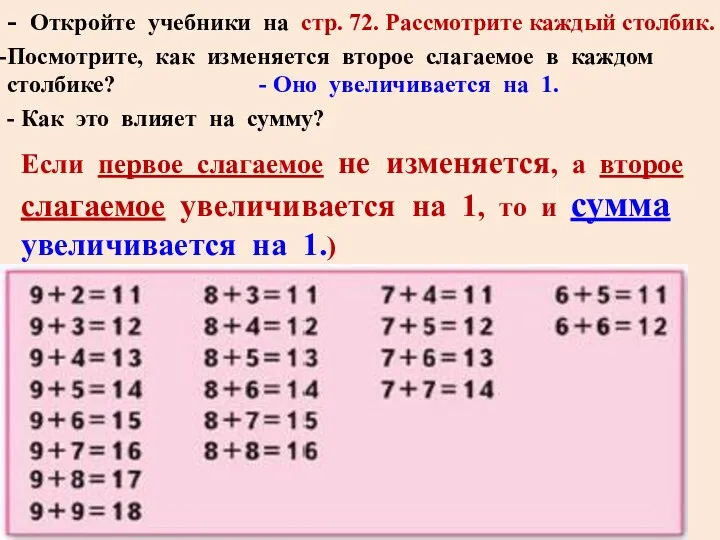 - Откройте учебники на стр. 72. Рассмотрите каждый столбик. Посмотрите,