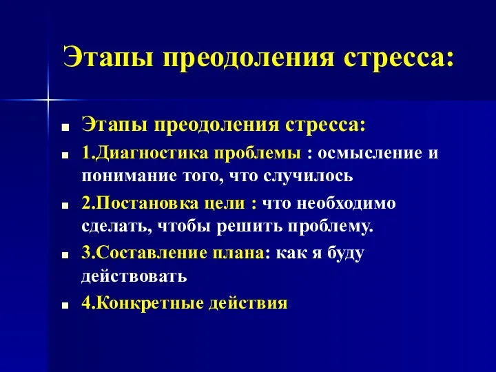 Этапы преодоления стресса: Этапы преодоления стресса: 1.Диагностика проблемы : осмысление