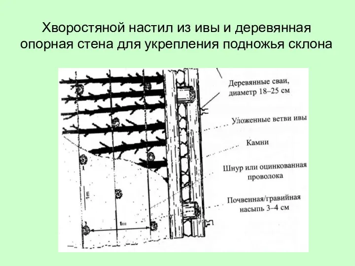 Хворостяной настил из ивы и деревянная опорная стена для укрепления подножья склона