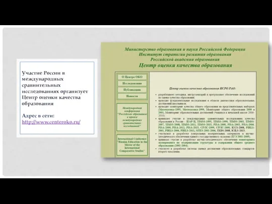 Участие России в международных сравнительных исследованиях организует Центр оценки качества образования Адрес в сети: http://www.centeroko.ru/
