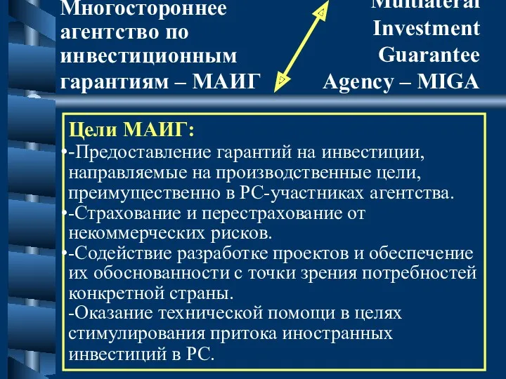 Цели МАИГ: -Предоставление гарантий на инвестиции, направляемые на производственные цели,