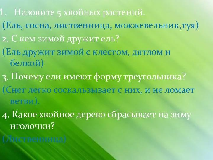 Назовите 5 хвойных растений. (Ель, сосна, лиственница, можжевельник,туя) 2. С