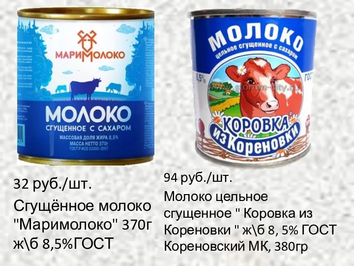 32 руб./шт. Сгущённое молоко "Маримолоко" 370г ж\б 8,5%ГОСТ 94 руб./шт.