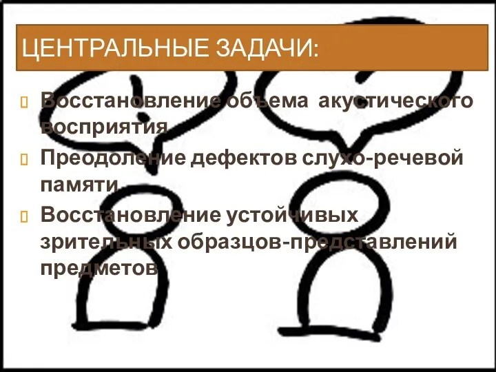 ЦЕНТРАЛЬНЫЕ ЗАДАЧИ: Восстановление объема акустического восприятия Преодоление дефектов слухо-речевой памяти Восстановление устойчивых зрительных образцов-представлений предметов