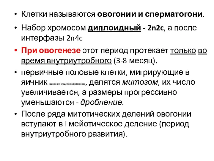 Клетки называются овогонии и сперматогони. Набор хромосом диплоидный - 2n2c,