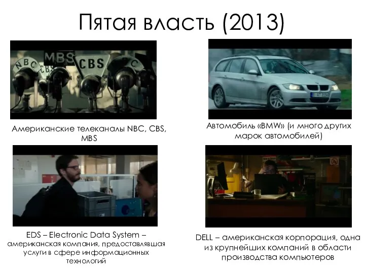 Пятая власть (2013) Американские телеканалы NBC, CBS, MBS Автомобиль «BMW»