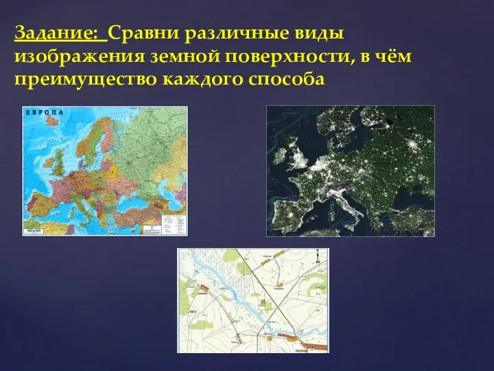 Задание: Сравни различные виды изображения земной поверхности, в чём преимущество каждого способа