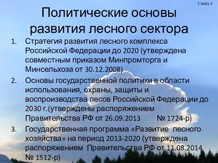Политические основы развития лесного сектора Стратегия развития лесного комплекса Российской Федерации до 2020