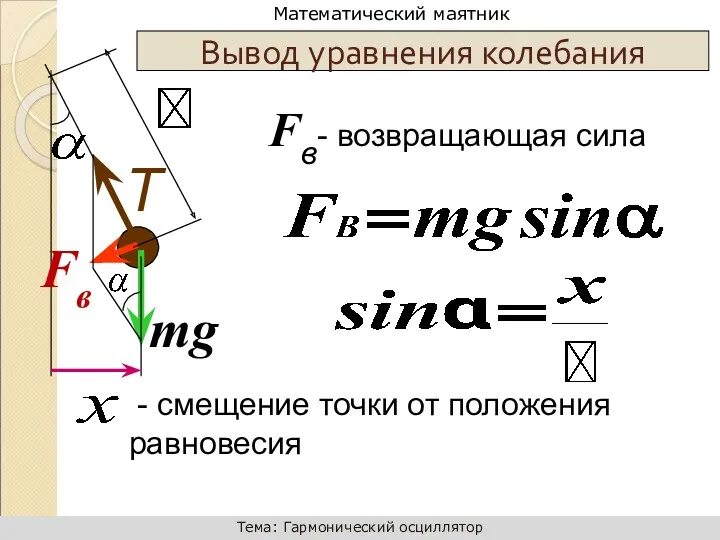 Т mg - смещение точки от положения равновесия Fв Fв- возвращающая сила Вывод уравнения колебания