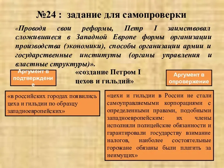 №24 : задание для самопроверки «в российских городах появились цеха