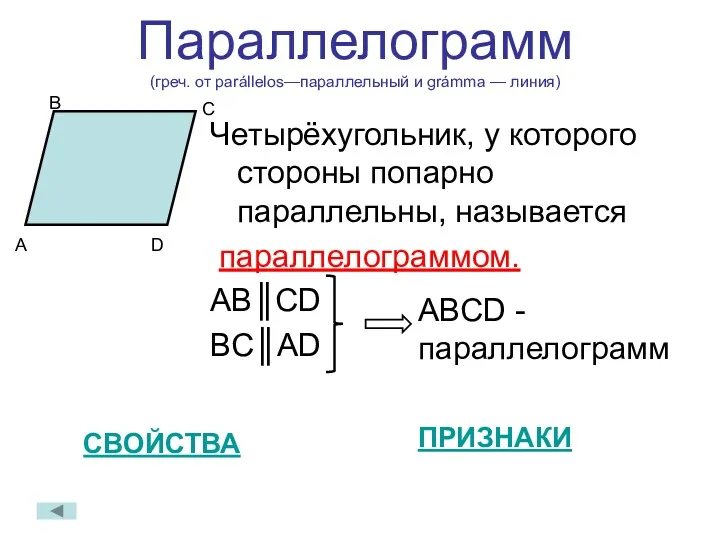 Параллелограмм (греч. от parállelos—параллельный и grámma — линия) Четырёхугольник, у