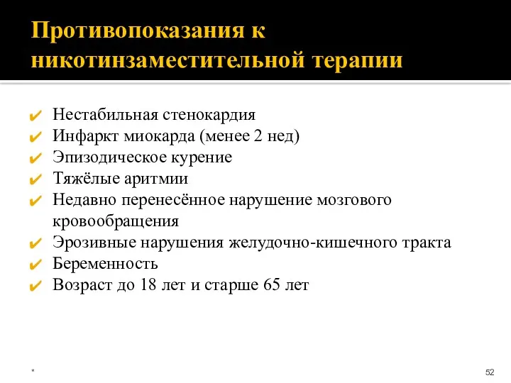 Противопоказания к никотинзаместительной терапии Нестабильная стенокардия Инфаркт миокарда (менее 2